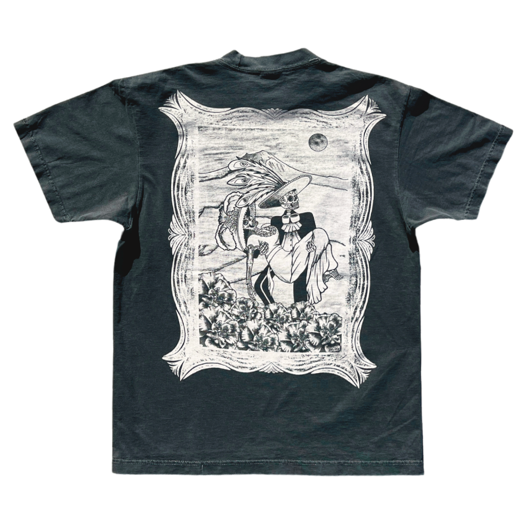 Dark grey t-shirt with a white aztec graphic design on a white background