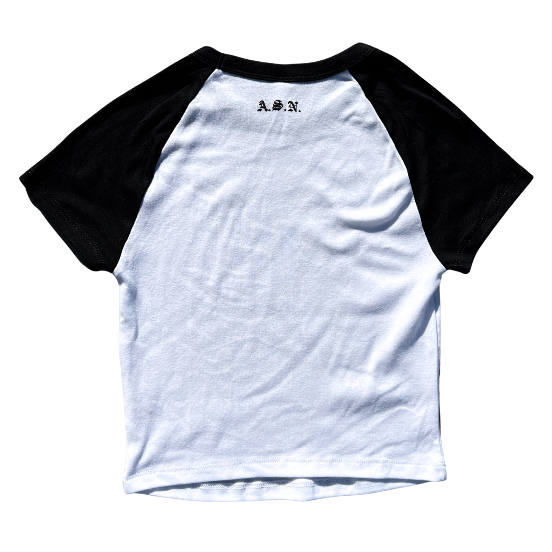 White t-shirt with black sleeves featuring a logo on the upper back against a white background