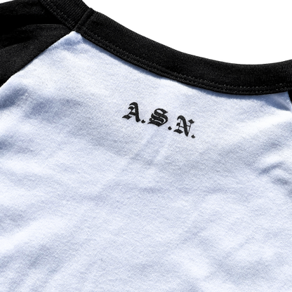 White t-shirt with black sleeves and 'A.S.N.' logo on a white background