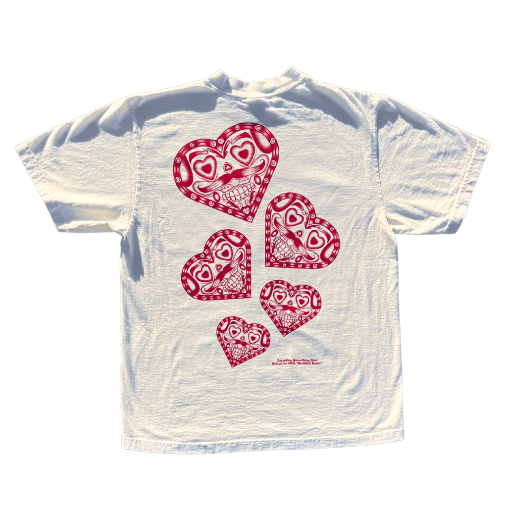 Shaka Wear Tshirt Printed with "Certified Lover" chicano inspired heart art piece hand drawn by Karenina.